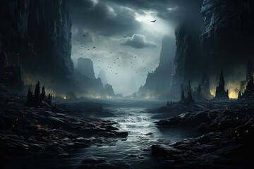 fog and dark landscape with a waterfall, in the style of light silver and dark black, vibrant stage backdrops, post-apocalyptic backdrops, light silver and dark navy, mysterious backdrops, black backg - obrazy, fototapety, plakaty