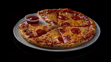Delicious juicy pizza with sauce on a white plate against a black  background