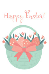 Cute greeting card with festive Easter basket with a set of painted colorful eggs and spring flowers. Christian holiday. Trendy Easter design with lettering in pastel colors. Hand drawn illustration.