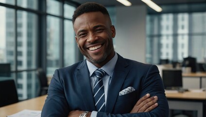 Crossed arms, laugh and face of business black man in office for leadership, funny joke and success, Corporate, manager and portrait of happy person in workplace for ambition, pride and confidence - obrazy, fototapety, plakaty