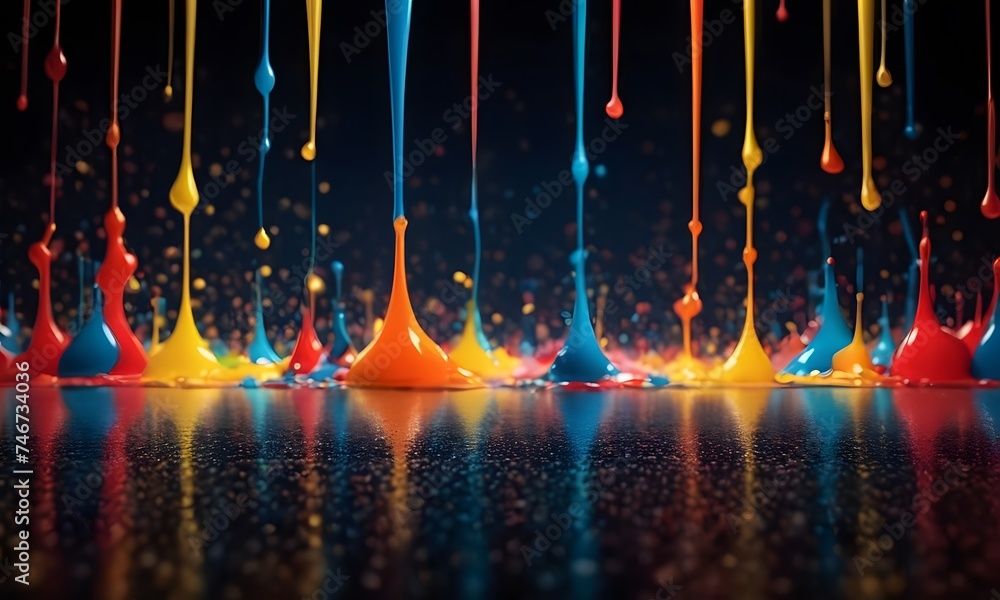 Poster vibrant splashes of multicolored paint leap from a dark surface, frozen in a dynamic and visually ex
