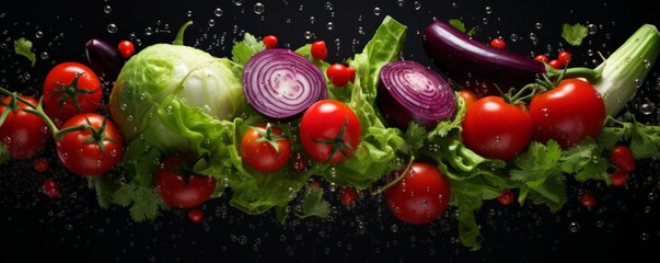 Fresh vegetables . lettuce, tomatoes, onions are flying on a Black  background. Healthy eating. ingredients for cooking the dish. - obrazy, fototapety, plakaty