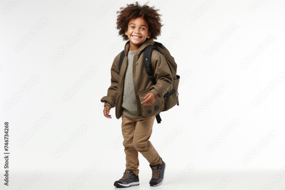 Wall mural full height african american schoolboy boy laughs, with a backpack walking . in a warm jacket. on a 