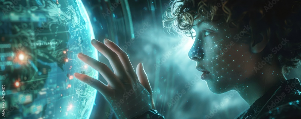 Poster close-up of a tech-savvy individual operating a futuristic globe interface, bridging global connecti