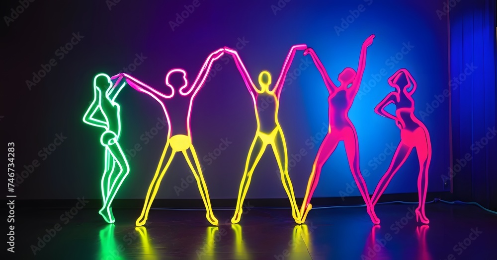 Poster the image showcases a striking lineup of neon-lit mannequins in various dance poses, creating an ill