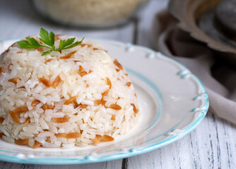 Traditional delicious Turkish food; Turkish style rice pilaf (Turkish name; Arpa sehriyeli pirinc pilavi)