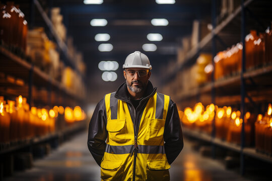 Hombre con ropa de seguridad industrial, parado en el centro de un galp&oacute;n