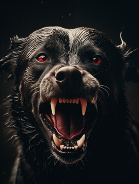 Close up de perro negro rabioso con actitud violenta mostrando los dientes