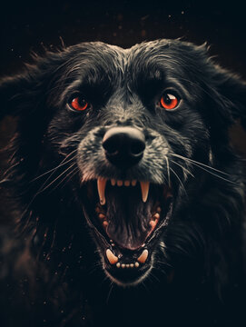 Close up de perro negro rabioso con actitud violenta