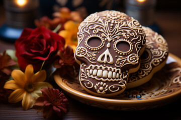 Galleta con forma  Calavera de chocolate conmemorativa del día de los muertos, adornada con flores...