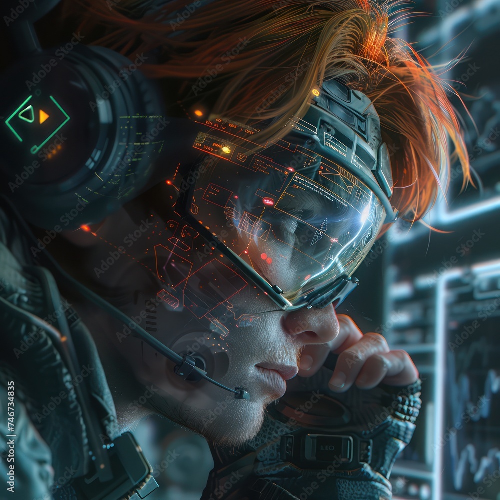 Poster medium shot of a player adjusting their smart glasses overlaying digital game stats and strategies i
