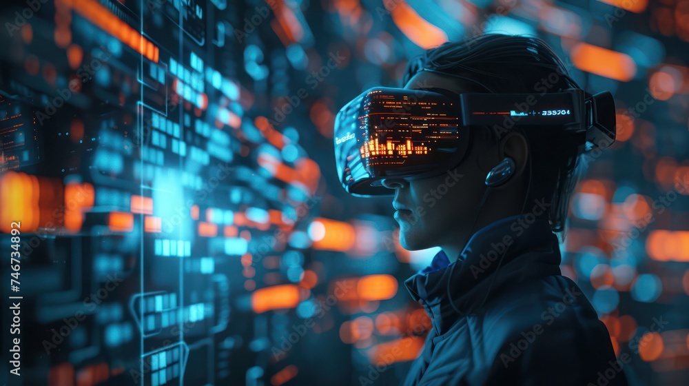 Poster medium shot of a virtual reality interface showcasing a cybersecurity expert navigating through a 3d