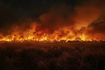 Fotobehang Disaster. Fire during a season of drought and high temperature. The grass on the field is burning. Smoke and flames of fire rise to the sky © Olena