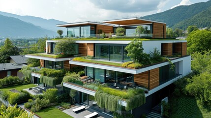 Modern housing eco-complex. Houses with green roofs and vegetation on balconies. Green city of the future