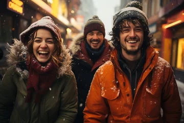 Poster four people laughing and playing in the snow, in the style of urban emotions, travel, grey academia, strong facial expression, street scene, vibrant, lively © Smilego