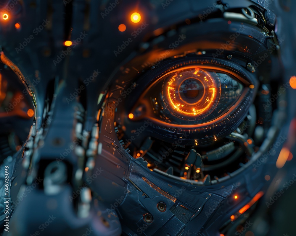 Poster the glowing eyes of a robotic being, its artificial intelligence sparking a sense of curiosity and w