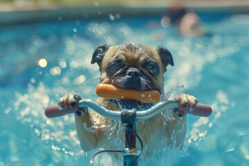 summer, water, animal, cute, dog, fun, happy, Cute little pug puppy floating in a pool in a fun inflatable ring. A dog on a bicycle. A pug with a sausage in its mouth . A dog on a bike in the pool. su - obrazy, fototapety, plakaty