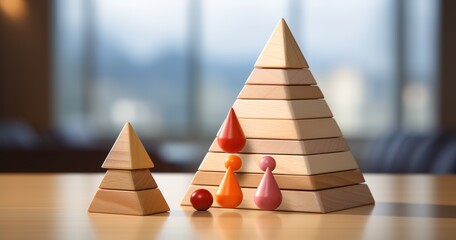 four wooden pyramid to represent leadership, success and leadership in the workplace, in the style of light orange and azure, circular shapes, dau al set, tactile canvases, language-based, back button