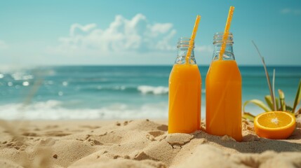 Drinking bottles with orange juice at the sand on beach, on a sunny summer day, holidays and vacation concept.