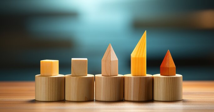 four yellow, orange and blue arrows pointing downward toward a blue background, in the style of carved wood blocks, circular shapes, tabletop photography, light turquoise and light beige, environmenta