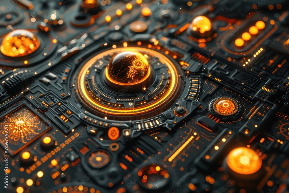 Poster a close up view of intricate digital design featuring space inspired elements and futuristic shapes