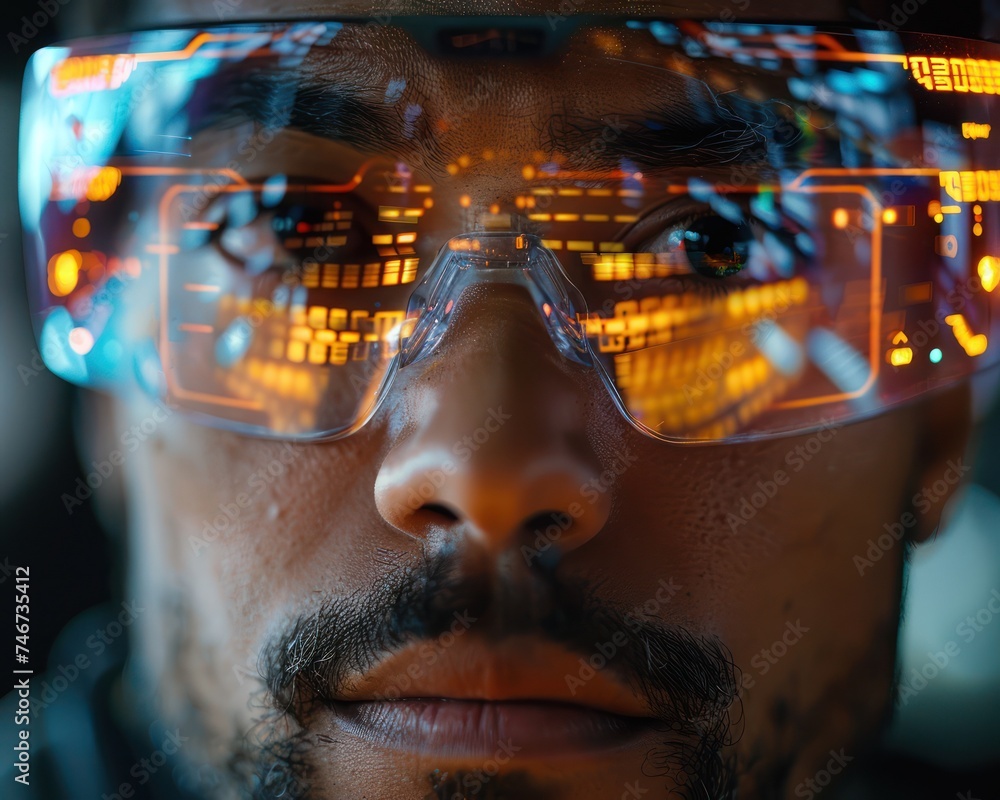 Poster a close-up shot of a businessman's face as he interacts with a virtual ar display
