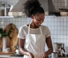 Chic black woman cooking while wearing a white apron, great for apron mockup presentations. Perfect for culinary schools, cooking shows, or kitchenware brands