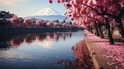 fuji 4 nights, 2 days tour, in the style of turquoise and crimson, cherry blossoms, grandiose cityscape views, orient-inspired, multilayered, cultural hybridity - obrazy, fototapety, plakaty