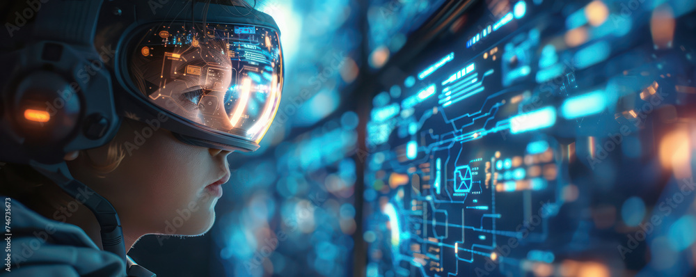 Poster a close-up view of a high-tech holographic interface showing a child learning about virtual reality 