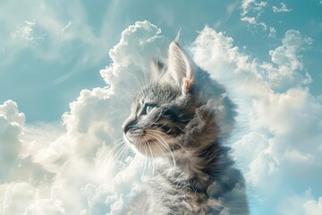 A playful kitten merged with the texture of soft, fluffy clouds drifting across a blue sky in a double exposure - obrazy, fototapety, plakaty