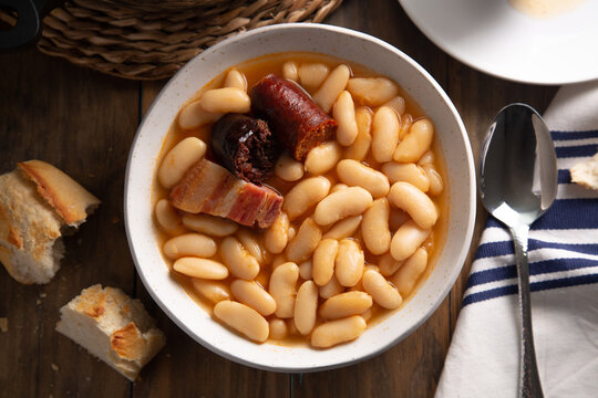Homemade traditional spanish white bean stew called fabada