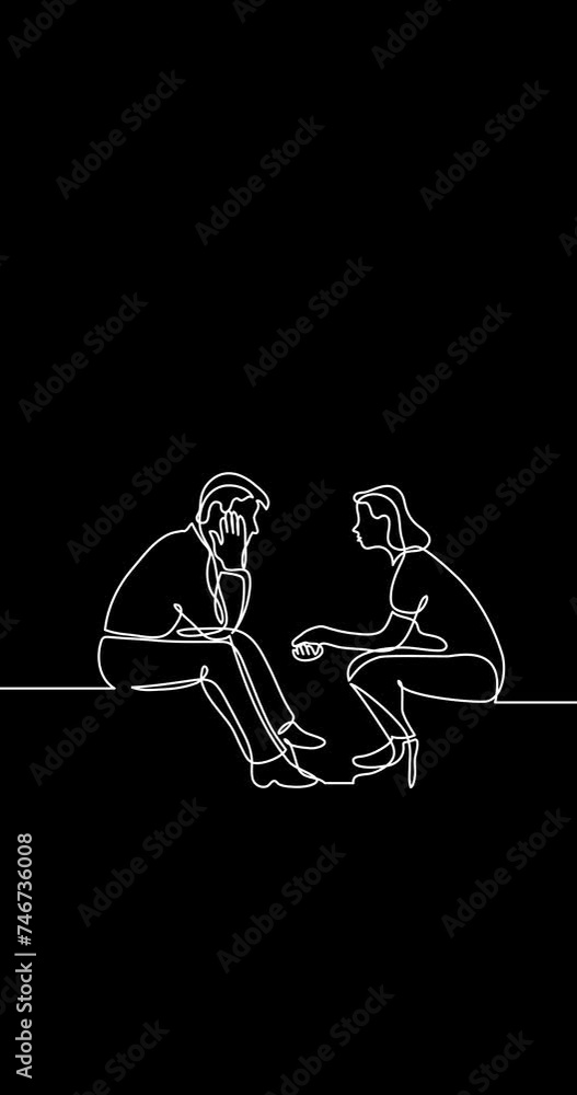 Aufkleber self drawing continuous line animation of people talking conversation vertical video black backgroun