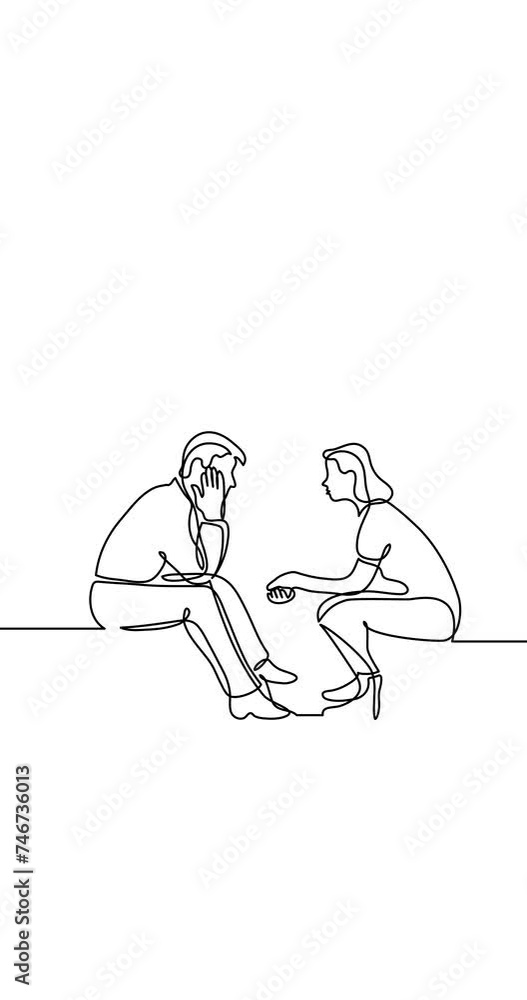 Aufkleber self drawing continuous line animation of people talking conversation vertical video with copy space