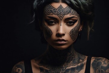 A woman with face tattoos showing various designs and patterns on a dark background.