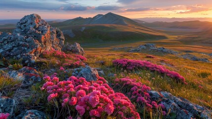 A serene landscape of the Siberian mountains, with Rhodiola rosea plants blooming on the rugged slopes, the scene bathed in the golden glow of the sunset - obrazy, fototapety, plakaty