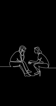 Self drawing continuous line animation of people talking conversation vertical video black background with copy space for social media ad campaign