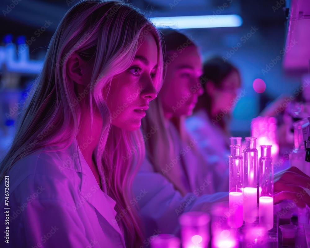 Poster a medium shot of a team of women collaborating on a ground-breaking science project, utilizing advan