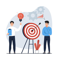 Strategic planning concept.Character analyze data statistics, create development plan, improving strategy, create new ideas and promote them. Vector illustrations 