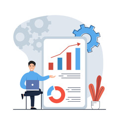 Strategic planning concept.Character analyze data statistics, create development plan, improving strategy, create new ideas and promote them. Vector illustrations 