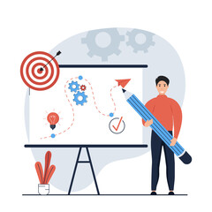 Strategic planning concept.Character analyze data statistics, create development plan, improving strategy, create new ideas and promote them. Vector illustrations 