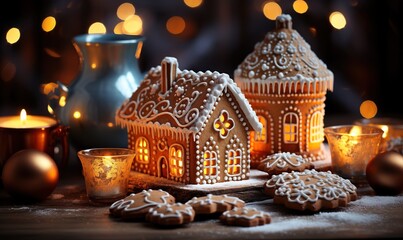 gingerbread house in christmas lights, in the style of light orange and azure, spectacular backdrops, detailed still lifes, bokeh panorama, rusticcore