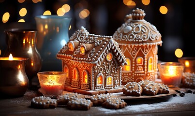 gingerbread house in christmas lights, in the style of light orange and azure, spectacular backdrops, detailed still lifes, bokeh panorama, rusticcore