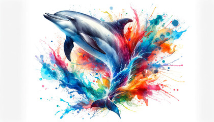Obraz na płótnie Canvas Energetic dolphin with vivid watercolor splashes, AI-generated.