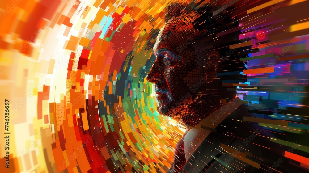 Poster an abstract image of colorful pixels swirling around a businessman's head, created using ar technolo