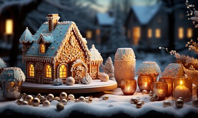 gingerbread house on a table next to christmas lights, in the style of light sky-blue and amber, digital manipulation, detailed backgrounds, villagecore, spatial, konica big mini