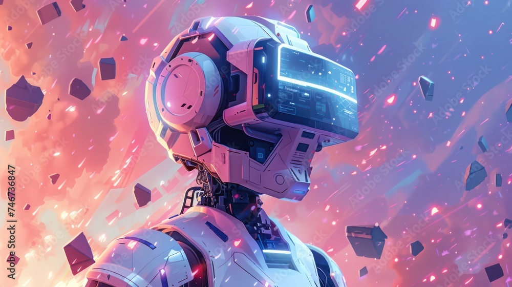 Aufkleber an illustration of a robot seamlessly integrated into a virtual reality world, creating a surreal vi