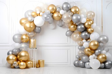 Fototapeta na wymiar A captivating display of metallic birthday balloons in shimmering gold and silver, arranged in an elegant arch against a white backdrop, ready for a special occasion.