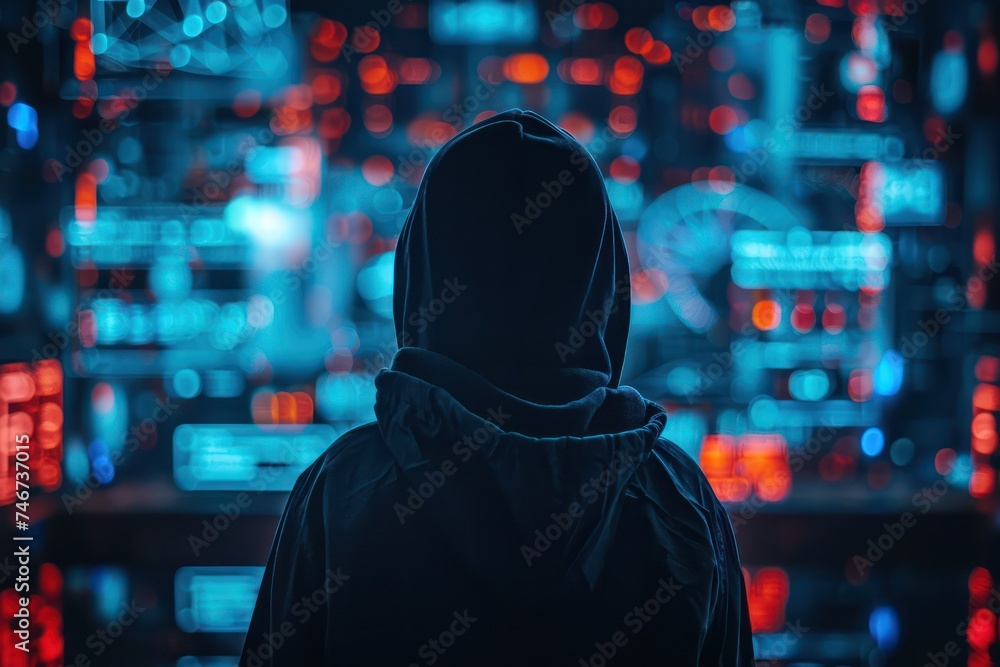 Poster close up a hackers silhouette reflected on a screen of connected iot devices highlighting the consta