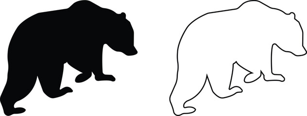 Various bear silhouettes icons set isolated on the transparent background. Bear animal collection, various poses and position black flat or line vector for zoo, wildlife, graphic, web and mobile app.