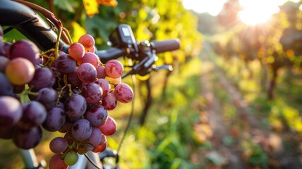 warm sunset light bathes a bunch of ripe grapes hanging near a bicycle handle, symbolizing an active lifestyle intertwined with the beauty of viticulture - obrazy, fototapety, plakaty